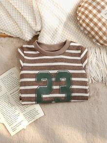 SHEIN Infant Boys' Casual Comfortable Number Print Striped Jumpsuit, Autumn/Winter