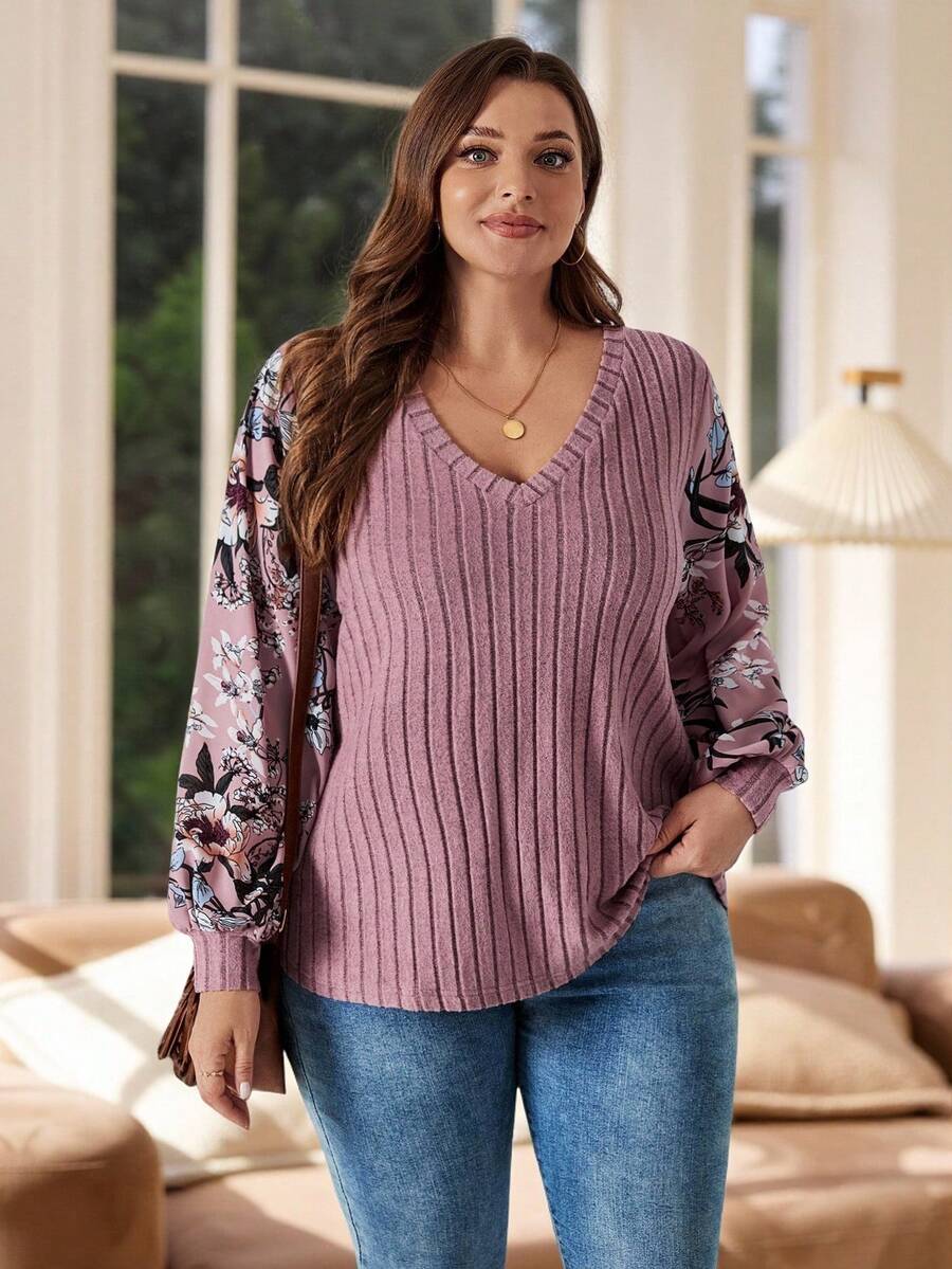 Rosumi Plus Floral Print Lantern Sleeve Tee