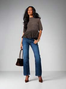 MISSGUIDED Oversized Fringe Hem Knitted Sweater Fall Winter Cozy Pullover - Coffee Brown - View 4