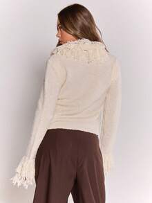 MUSERA Knit Shaggy Trim Fitted Cardigan Cosy Fluffy Cute Casual Coffee Club Winter Spring Sweater Valentines Day - Cream - View 4