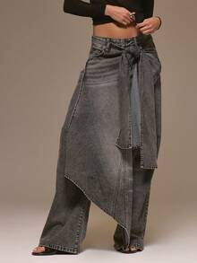 MUSERA 牛仔系带阔腿牛仔裤，水洗效果，酷女孩风格，街头风，可爱，适合秋冬春夏 - 咖啡棕 - 查看 2