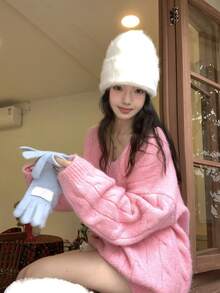 DAZY Suéter de mujer de unicolor con cuello en V, manga larga y trenzado