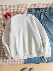 少女休闲格子拼接猫咪印花卫衣，秋冬款 - 灰色 - 查看 2