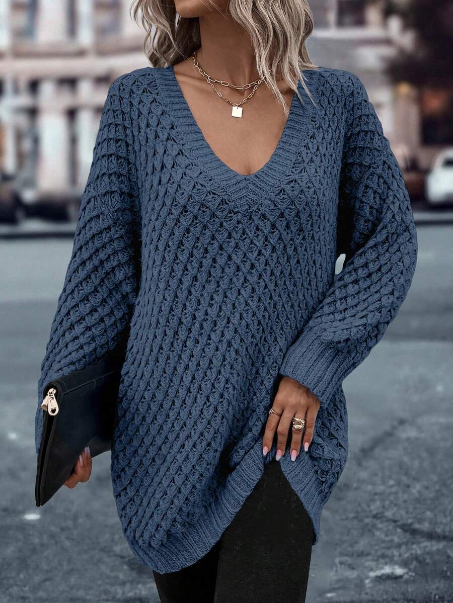 SHEIN LUNE 女士宽松落肩长袖休闲度假毛衣，秋冬款 - 藍色 - 查看 1