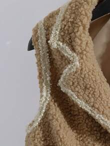 Franclia Contrast Trim Front Button Pocket Sleeveless Fuzzy Jacket, Autumn/Winter - Apricot - View 5