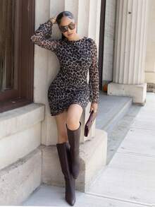 Melissa Matos Women Leopard Print Mesh Flared Sleeve Mini Dress,Summer Dresses For Women - Brown - View 1