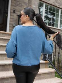Melissa Matos 1pc Women Solid Color V-Neck Knit Long Sleeve Loose Pullover Sweatshirt,Long Sleeve Tops In Fall/Winter - Blue - View 2