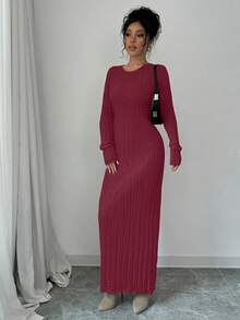 Rafferiza 休闲纯色罗纹针织连衣裙，秋冬款 - 紅木色 - 查看 4