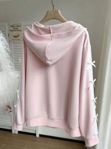 Comfortcana Plus Size Color Block Bow Decor Hooded Zip-Up Long Sleeve Sweatshirt/Winter - Pink - View 2