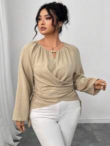 Elenzga Plus Size Women's Solid Color Keyhole Neck Raglan Sleeve Twist Front Fashion Blouse Fall Cloth For Women - Khaki - View 6