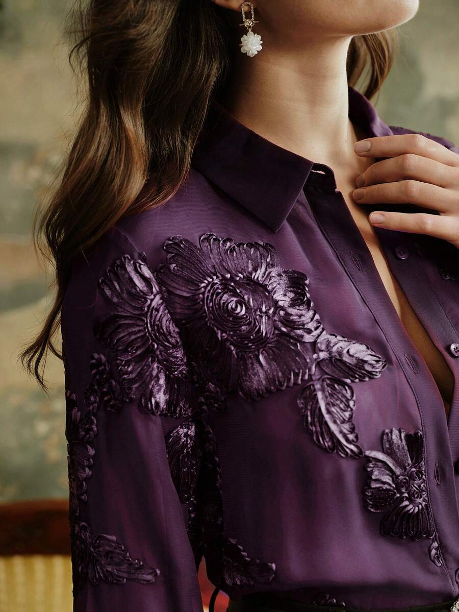 Anewsta Blusa transparente con bordado floral francés elegante y retro para mujer, apta para otoño, invierno, verano, primavera, Año Nuevo, fiesta, boda, elegante, chic, con estilo, casual de negocios - Morado - Ver 1