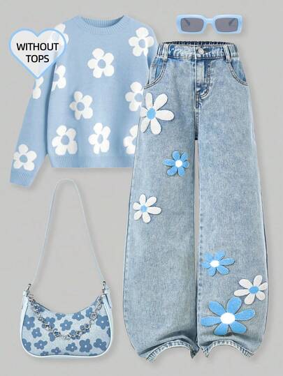 Jeans de pierna ancha con bordados y efecto desgastado para niñas preadolescentes