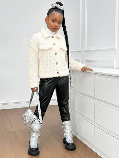 SHEIN Tween Girl Casual Vändbar Fleece Enfärgad Krage Långärmad Jacka