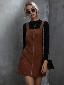 SHEIN LUNE Women's Solid Color Zipper Collar Pocket Casual Strap Dress, Autumn - Brown - View 4