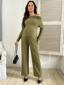 SHEIN 孕妇连体裤，长袖，斜肩设计，修身上身，宽松下摆 - 軍綠色 - 查看 4