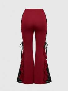 ROMWE Goth Women's Retro Elegant Daydreamer Ruffle Contrast Lace Trim Flare Pants - Burgundy - View 2