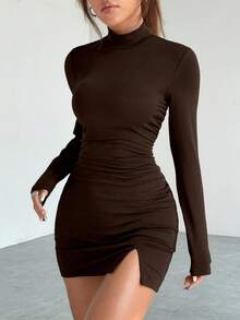 SHEIN EZwear 女式休闲日常通勤简约纯色立领褶饰腰部开衩下摆迷你连衣裙，秋季 - 咖啡棕 - 查看 5