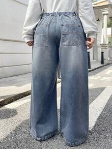 Rivivi Quần jean ống rộng dáng rộng ống đứng cổ điển cho nữ cỡ lớn, dài đến mắt cá chân - Rửa nhẹ - Xem 2