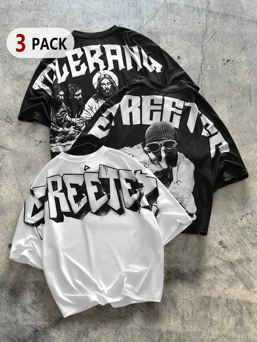 AXEPEAK 3件套男士针织休闲日常印花短袖T恤 - 彩色 - 查看 1