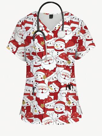 PopScrub Christmas Santa Claus, Snowman, Cat Cartoon All-Over Print Green V-Neck Short Sleeve Uniform Top For Women
