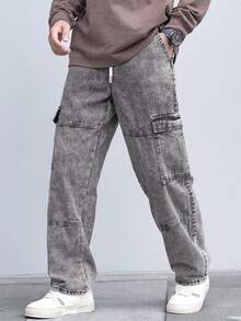 Manfinity Roughcore Men's Wide Leg Grey Denim Jeans With Cargo Pockets Long Length Casual Streetwear Back-To-School Graduation Summer - Light Grey - View 7