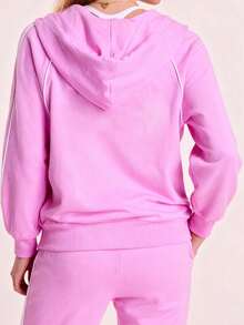 Sovereign Charm Women's Autumn Thermal Lined Gym Jacket,Purple Athleisure Letter Print Contrast Ribbon Pocket Zip Up Hoodie Loose Casual Sports Sweat Suit For Women - Mauve Purple - View 2