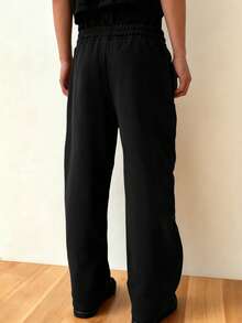 Mirajuku Teen Boy's Casual Loose Fit Sporty Straight Leg Sweatpants With Contrast Panels, Versatile For All Seasons - Black - View 2