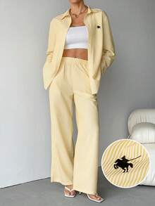 SHEIN Tall 女式新款西部牛仔马标志条纹刺绣宽松衬衫和裤子套装 - 黃色 - 查看 4