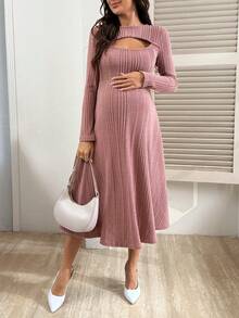 SHEIN Vestido elegante de maternidad de unicolor, cuello redondo, manga larga, calado y acanalado - Rosa - Ver 4