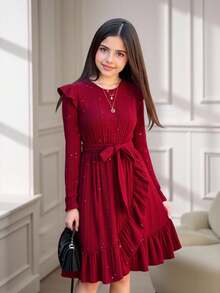 SHEIN Teen Girl Elegant Fitted Round Neck Frill Trim Long Sleeve Metallic Texture Ribbed Asymmetric Bowknot Knit Dress, Red, Suitable For Christmas And Halloween - Red - View 1