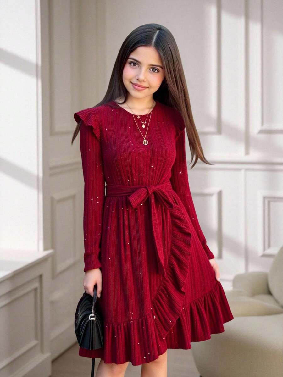 SHEIN Teen Girl Elegant Fitted Round Neck Frill Trim Long Sleeve Metallic Texture Ribbed Asymmetric Bowknot Knit Dress, Red, Suitable For Christmas And Halloween - Red - View 1