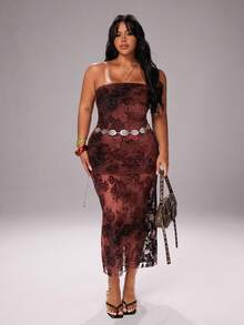 Rustia Váy suông hở vai cổ điển đính kim sa lấp lánh hoa hồng jacquard lưới nhung cho nữ - Cà phê nâu - Xem 4