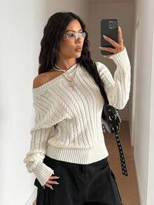 SHEIN PETITE 女式纯色休闲扭纹宽松长袖毛衣上衣，秋冬 - 杏色 - 查看 3