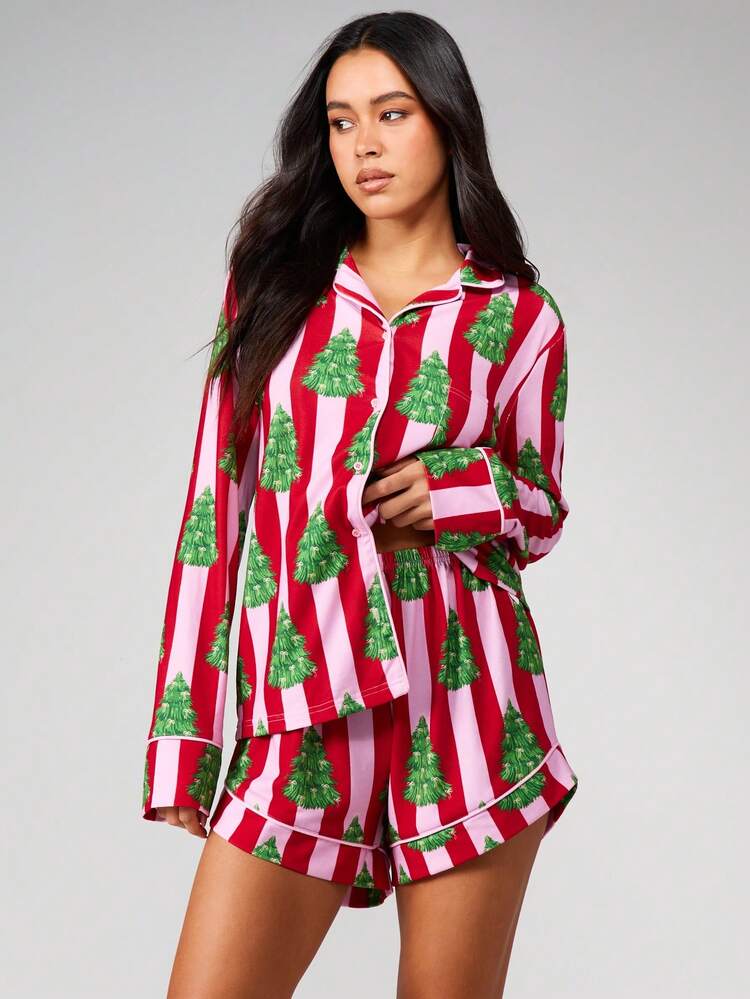 MISSGUIDED Weihnachtsbaum Pyjama Set für Frauen Feiertags Nachtwäsche Knopfleiste Langarm Oberteil mit passender Shorts Rot Pink Streifen Festliche Loungewear