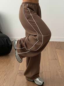 SHEIN Coolane 夏季运动休闲印花宽松运动裤 - 棕色 - 查看 2