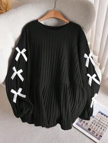 CosyJoli Plus Size Casual Bowknot A-Line Ribbed Brushed Round Neck T-Shirt Spring - Black - View 5