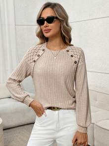 SHEIN LUNE Apricot Lace Patchwork Textured Women Long Sleeve T-Shirt - Apricot - View 3