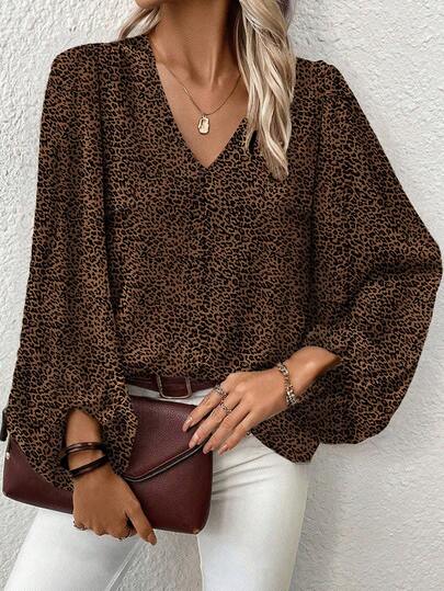 EMERY ROSE Plus Size Women Casual V-Neck Lantern Sleeve Blouse, Autumn/Winter Leopard Print Top Cheetah Print Top Brown Blouse V Neck Blouse