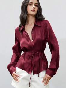Aveloria Modichic New Fashionable Minimalist Elegant Women's Blouse With Lapel, Lustrous Satin Waist Drawstring, Slim Fit Long Sleeve Shirt