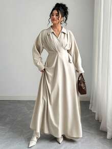 Elenzga 大码女士优雅V领荷叶袖收腰A字春秋连衣裙 - 杏色 - 查看 5