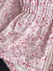 SHEIN 女童新款冬季羽绒服，拉链连帽，杏色碎花图案，保暖内衬，修身剪裁，腰部收紧，带口袋，休闲百搭，外套 - 粉色 - 查看 6