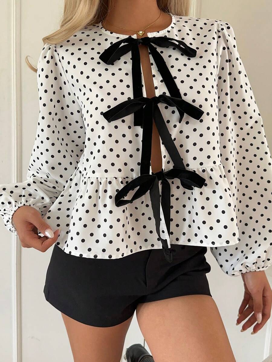 CovetEZ 波点印花系带休闲女式衬衫 - 黑與白 - 查看 1