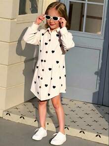 SHEIN Young Girl' Casual Heart Pattern Corduroy Shirt Dress, Autumn/Winter