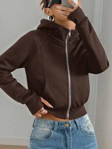 SHEIN EZwear 女士休闲纯色拉链卫衣 - 咖啡棕 - 查看 4