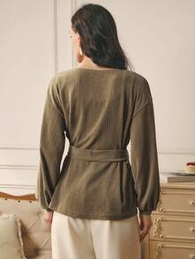 Omancia Chaqueta/abrigo de mujer de pana con textura, elegante y de moda, de punto, para otoño/invierno - Caqui - Ver 2