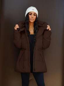 SAYEHFBABY 女士休闲时尚可调节腰部绗缝中长连衣裙加厚保暖聚酯纤维合成保暖冬季外套冬季夹克外套冬装 - 咖啡棕 - 查看 1