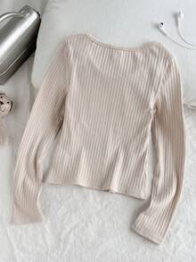 Tween Girls' Ribbed Crew Neck Elastic Fitted All-Match Versatile Long Sleeve T-Shirt, Comfortable - Apricot - View 2