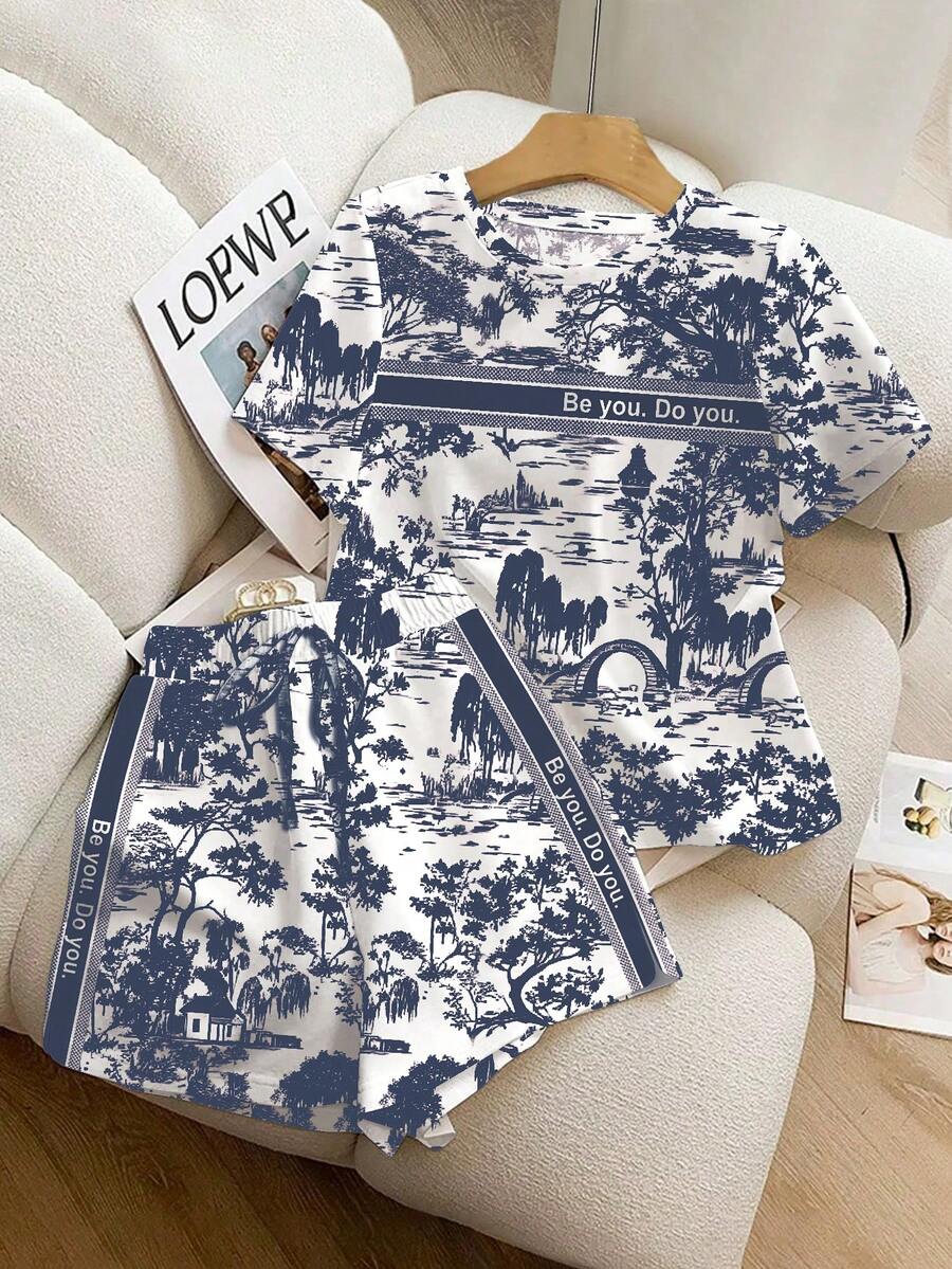 Resyla 做你自己。做你自己。复古风景印花休闲两件套女装,夏季款 - 彩色 - 查看 1
