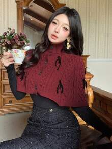 DAZY Áo choàng len cổ lọ họa tiết hoa kẻ caro đỏ trang trí phong cách Giáng sinh thu/đông cho nữ - Đỏ - Xem 5