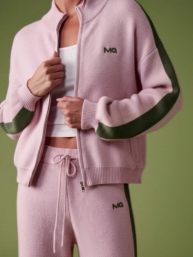 MISSGUIDED Knitted Wide Leg Pants With Green Stripe Detail And Embroidered Logo For Casual Comfort